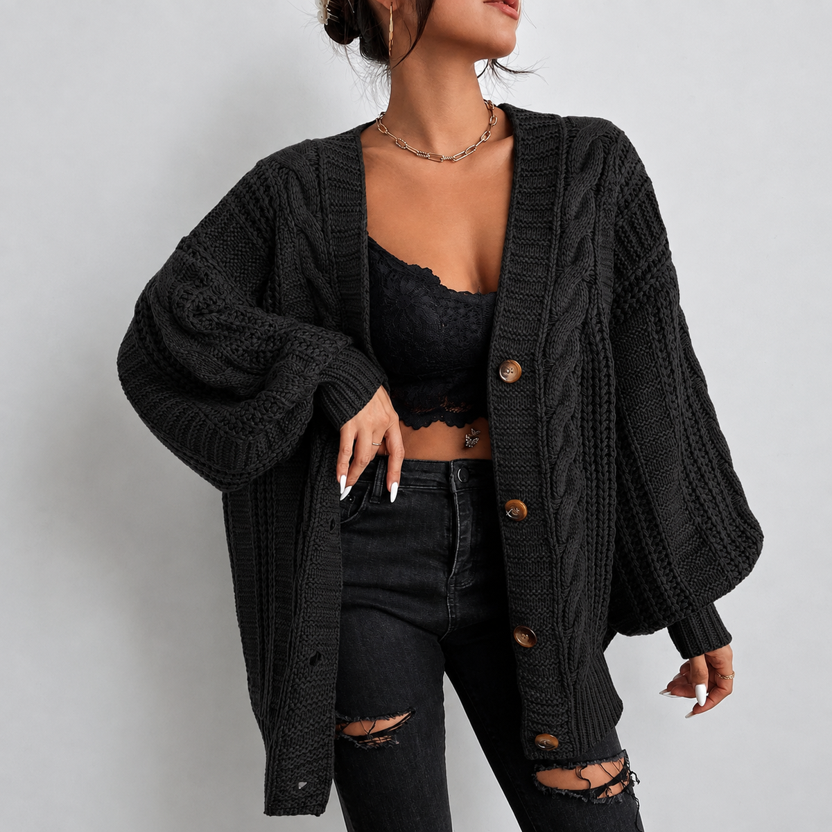 GENEVIEVE CABLE-KNIT CARDIGAN